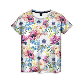Женская футболка 3D с принтом Цветы и бабочки 10 в Кировске, 100% полиэфир ( синтетическое хлопкоподобное полотно) | прямой крой, круглый вырез горловины, длина до линии бедер | маки | паттерн