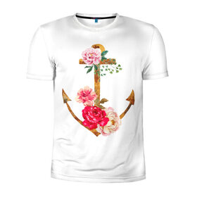 Мужская футболка 3D спортивная с принтом Якорь с цветами в Кировске, 100% полиэстер с улучшенными характеристиками | приталенный силуэт, круглая горловина, широкие плечи, сужается к линии бедра | акварель | бабочка | нежный | рисунок | роза | сирень | цветочек | цветочный | цветы