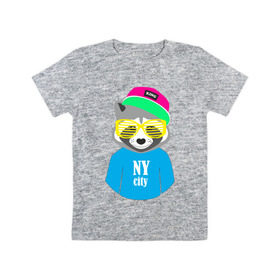 Детская футболка хлопок с принтом Енот в Кировске, 100% хлопок | круглый вырез горловины, полуприлегающий силуэт, длина до линии бедер | Тематика изображения на принте: city | ny | енот | животные | звери | кепка | очки | серый | хипстер