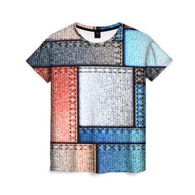 Женская футболка 3D с принтом Джинсовый стиль в Кировске, 100% полиэфир ( синтетическое хлопкоподобное полотно) | прямой крой, круглый вырез горловины, длина до линии бедер | заплатки | разноцветный | текстура | ткань