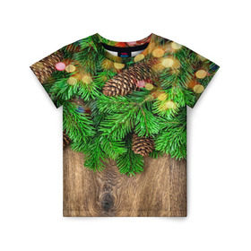 Детская футболка 3D с принтом Елка в Кировске, 100% гипоаллергенный полиэфир | прямой крой, круглый вырез горловины, длина до линии бедер, чуть спущенное плечо, ткань немного тянется | Тематика изображения на принте: дерево | елка | зеленый | зима | новый год | шишки