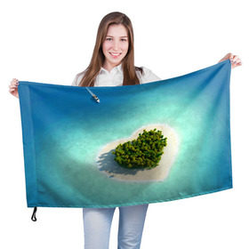 Флаг 3D с принтом Остров в Кировске, 100% полиэстер | плотность ткани — 95 г/м2, размер — 67 х 109 см. Принт наносится с одной стороны | вода | дерево | лето | море | океан | остров | пальмы | песок | сердечко | сердце | синий