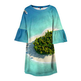 Детское платье 3D с принтом Остров в Кировске, 100% полиэстер | прямой силуэт, чуть расширенный к низу. Круглая горловина, на рукавах — воланы | Тематика изображения на принте: вода | дерево | лето | море | океан | остров | пальмы | песок | сердечко | сердце | синий