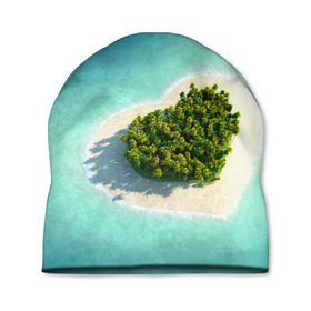 Шапка 3D с принтом Остров в Кировске, 100% полиэстер | универсальный размер, печать по всей поверхности изделия | вода | дерево | лето | море | океан | остров | пальмы | песок | сердечко | сердце | синий