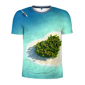 Мужская футболка 3D спортивная с принтом Остров в Кировске, 100% полиэстер с улучшенными характеристиками | приталенный силуэт, круглая горловина, широкие плечи, сужается к линии бедра | вода | дерево | лето | море | океан | остров | пальмы | песок | сердечко | сердце | синий