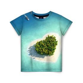 Детская футболка 3D с принтом Остров в Кировске, 100% гипоаллергенный полиэфир | прямой крой, круглый вырез горловины, длина до линии бедер, чуть спущенное плечо, ткань немного тянется | вода | дерево | лето | море | океан | остров | пальмы | песок | сердечко | сердце | синий