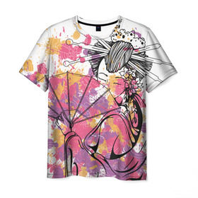 Мужская футболка 3D с принтом Гейша в Кировске, 100% полиэфир | прямой крой, круглый вырез горловины, длина до линии бедер | веер | девушка | краски | рисунок | цвета | япония