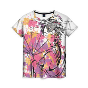 Женская футболка 3D с принтом Гейша в Кировске, 100% полиэфир ( синтетическое хлопкоподобное полотно) | прямой крой, круглый вырез горловины, длина до линии бедер | Тематика изображения на принте: веер | девушка | краски | рисунок | цвета | япония