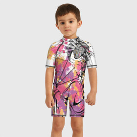 Детский купальный костюм 3D с принтом Гейша в Кировске, Полиэстер 85%, Спандекс 15% | застежка на молнии на спине | Тематика изображения на принте: веер | девушка | краски | рисунок | цвета | япония