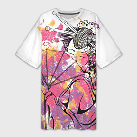 Платье-футболка 3D с принтом Гейша в Кировске,  |  | Тематика изображения на принте: веер | девушка | краски | рисунок | цвета | япония