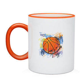 Кружка двухцветная с принтом Баскетбольный мяч в штрихах в Кировске, керамика | объем — 330 мл, диаметр — 80 мм. Цветная ручка и кайма сверху, в некоторых цветах — вся внутренняя часть | баскетбол | стилизация | штрихи