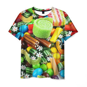 Мужская футболка 3D с принтом Сладости в Кировске, 100% полиэфир | прямой крой, круглый вырез горловины, длина до линии бедер | вкуснотища | вкусняшки | глазурь | жевачка | карамель | карамельки | конфетки | конфеты | леденец | мармеладки | сахар | сладости