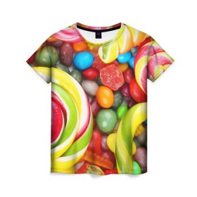 Женская футболка 3D с принтом Вкусняшки в Кировске, 100% полиэфир ( синтетическое хлопкоподобное полотно) | прямой крой, круглый вырез горловины, длина до линии бедер | вкуснотища | вкусняшки | глазурь | жевачка | карамель | карамельки | конфетки | конфеты | леденец | мармеладки | сахар | сладости