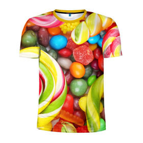 Мужская футболка 3D спортивная с принтом Вкусняшки в Кировске, 100% полиэстер с улучшенными характеристиками | приталенный силуэт, круглая горловина, широкие плечи, сужается к линии бедра | вкуснотища | вкусняшки | глазурь | жевачка | карамель | карамельки | конфетки | конфеты | леденец | мармеладки | сахар | сладости