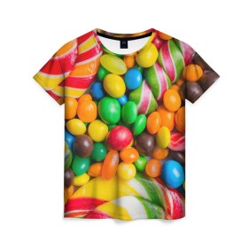 Женская футболка 3D с принтом Сладкоежка в Кировске, 100% полиэфир ( синтетическое хлопкоподобное полотно) | прямой крой, круглый вырез горловины, длина до линии бедер | вкуснотища | вкусняшки | глазурь | жевачка | карамель | карамельки | конфетки | конфеты | леденец | мармеладки | сахар | сладости