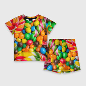 Детский костюм с шортами 3D с принтом Сладкоежка в Кировске,  |  | вкуснотища | вкусняшки | глазурь | жевачка | карамель | карамельки | конфетки | конфеты | леденец | мармеладки | сахар | сладости