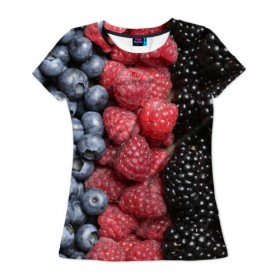 Женская футболка 3D с принтом Сочные ягоды в Кировске, 100% полиэфир ( синтетическое хлопкоподобное полотно) | прямой крой, круглый вырез горловины, длина до линии бедер | богатый урожай | брусника | ерга | земляника | клубника | клюква | малина | морожка | облепиха | рябина | смородина | сок | сочные плоды | фрукты | черника | черноплодка | шиповник | ягоды