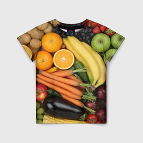 Детская футболка 3D с принтом Овощи и фрукты в Кировске, 100% гипоаллергенный полиэфир | прямой крой, круглый вырез горловины, длина до линии бедер, чуть спущенное плечо, ткань немного тянется | апельсин | баклажан | банан | картофель | клубника | кукуруза | морковь | овощи | перец | фрукты | яблоки