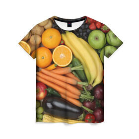 Женская футболка 3D с принтом Овощи и фрукты в Кировске, 100% полиэфир ( синтетическое хлопкоподобное полотно) | прямой крой, круглый вырез горловины, длина до линии бедер | апельсин | баклажан | банан | картофель | клубника | кукуруза | морковь | овощи | перец | фрукты | яблоки