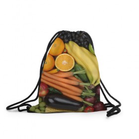 Рюкзак-мешок 3D с принтом Овощи и фрукты в Кировске, 100% полиэстер | плотность ткани — 200 г/м2, размер — 35 х 45 см; лямки — толстые шнурки, застежка на шнуровке, без карманов и подкладки | апельсин | баклажан | банан | картофель | клубника | кукуруза | морковь | овощи | перец | фрукты | яблоки