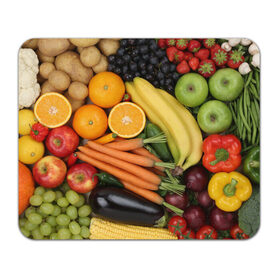 Коврик прямоугольный с принтом Овощи и фрукты в Кировске, натуральный каучук | размер 230 х 185 мм; запечатка лицевой стороны | апельсин | баклажан | банан | картофель | клубника | кукуруза | морковь | овощи | перец | фрукты | яблоки