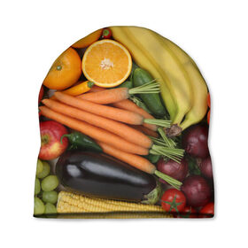 Шапка 3D с принтом Овощи и фрукты в Кировске, 100% полиэстер | универсальный размер, печать по всей поверхности изделия | апельсин | баклажан | банан | картофель | клубника | кукуруза | морковь | овощи | перец | фрукты | яблоки