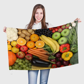 Флаг 3D с принтом Овощи и фрукты в Кировске, 100% полиэстер | плотность ткани — 95 г/м2, размер — 67 х 109 см. Принт наносится с одной стороны | апельсин | баклажан | банан | картофель | клубника | кукуруза | морковь | овощи | перец | фрукты | яблоки