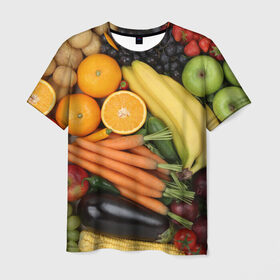 Мужская футболка 3D с принтом Овощи и фрукты в Кировске, 100% полиэфир | прямой крой, круглый вырез горловины, длина до линии бедер | апельсин | баклажан | банан | картофель | клубника | кукуруза | морковь | овощи | перец | фрукты | яблоки