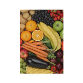 Обложка для паспорта матовая кожа с принтом Овощи и фрукты в Кировске, натуральная матовая кожа | размер 19,3 х 13,7 см; прозрачные пластиковые крепления | Тематика изображения на принте: апельсин | баклажан | банан | картофель | клубника | кукуруза | морковь | овощи | перец | фрукты | яблоки