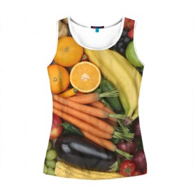 Женская майка 3D с принтом Овощи и фрукты в Кировске, 100% полиэстер | круглая горловина, прямой силуэт, длина до линии бедра | апельсин | баклажан | банан | картофель | клубника | кукуруза | морковь | овощи | перец | фрукты | яблоки
