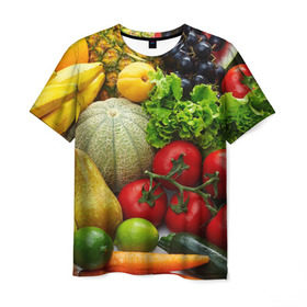 Мужская футболка 3D с принтом Богатый урожай в Кировске, 100% полиэфир | прямой крой, круглый вырез горловины, длина до линии бедер | апельсин | баклажан | банан | богатый урожай | виноград | горох | еда | кабачок | капуста | картофель | лимон | морковь | овощи | огурец | перец | персик | помидор | слива | сочные плоды | томат | тыква