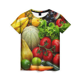 Женская футболка 3D с принтом Богатый урожай в Кировске, 100% полиэфир ( синтетическое хлопкоподобное полотно) | прямой крой, круглый вырез горловины, длина до линии бедер | апельсин | баклажан | банан | богатый урожай | виноград | горох | еда | кабачок | капуста | картофель | лимон | морковь | овощи | огурец | перец | персик | помидор | слива | сочные плоды | томат | тыква