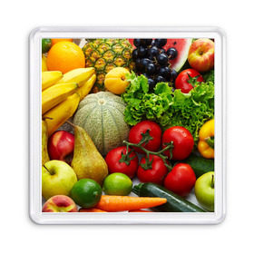 Магнит 55*55 с принтом Богатый урожай в Кировске, Пластик | Размер: 65*65 мм; Размер печати: 55*55 мм | апельсин | баклажан | банан | богатый урожай | виноград | горох | еда | кабачок | капуста | картофель | лимон | морковь | овощи | огурец | перец | персик | помидор | слива | сочные плоды | томат | тыква