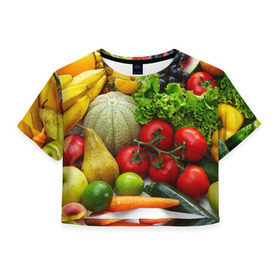 Женская футболка 3D укороченная с принтом Богатый урожай в Кировске, 100% полиэстер | круглая горловина, длина футболки до линии талии, рукава с отворотами | Тематика изображения на принте: апельсин | баклажан | банан | богатый урожай | виноград | горох | еда | кабачок | капуста | картофель | лимон | морковь | овощи | огурец | перец | персик | помидор | слива | сочные плоды | томат | тыква