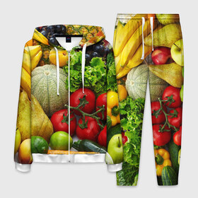 Мужской костюм 3D с принтом Богатый урожай в Кировске, 100% полиэстер | Манжеты и пояс оформлены тканевой резинкой, двухслойный капюшон со шнурком для регулировки, карманы спереди | апельсин | баклажан | банан | богатый урожай | виноград | горох | еда | кабачок | капуста | картофель | лимон | морковь | овощи | огурец | перец | персик | помидор | слива | сочные плоды | томат | тыква