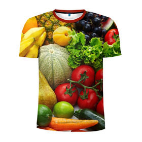 Мужская футболка 3D спортивная с принтом Богатый урожай в Кировске, 100% полиэстер с улучшенными характеристиками | приталенный силуэт, круглая горловина, широкие плечи, сужается к линии бедра | Тематика изображения на принте: апельсин | баклажан | банан | богатый урожай | виноград | горох | еда | кабачок | капуста | картофель | лимон | морковь | овощи | огурец | перец | персик | помидор | слива | сочные плоды | томат | тыква
