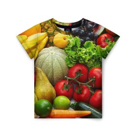 Детская футболка 3D с принтом Богатый урожай в Кировске, 100% гипоаллергенный полиэфир | прямой крой, круглый вырез горловины, длина до линии бедер, чуть спущенное плечо, ткань немного тянется | Тематика изображения на принте: апельсин | баклажан | банан | богатый урожай | виноград | горох | еда | кабачок | капуста | картофель | лимон | морковь | овощи | огурец | перец | персик | помидор | слива | сочные плоды | томат | тыква