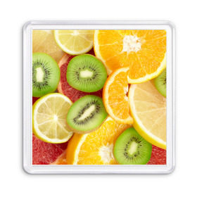 Магнит 55*55 с принтом Сочные фрукты в Кировске, Пластик | Размер: 65*65 мм; Размер печати: 55*55 мм | апельсин | грейпфрут | десерт | дольки | киви | кусочки фруктов | лайм | лимон | разрез | сечение | фреш | фрукты | цитрусовые