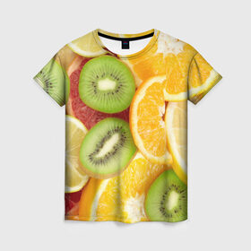 Женская футболка 3D с принтом Сочные фрукты в Кировске, 100% полиэфир ( синтетическое хлопкоподобное полотно) | прямой крой, круглый вырез горловины, длина до линии бедер | апельсин | грейпфрут | десерт | дольки | киви | кусочки фруктов | лайм | лимон | разрез | сечение | фреш | фрукты | цитрусовые