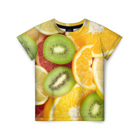 Детская футболка 3D с принтом Сочные фрукты в Кировске, 100% гипоаллергенный полиэфир | прямой крой, круглый вырез горловины, длина до линии бедер, чуть спущенное плечо, ткань немного тянется | апельсин | грейпфрут | десерт | дольки | киви | кусочки фруктов | лайм | лимон | разрез | сечение | фреш | фрукты | цитрусовые