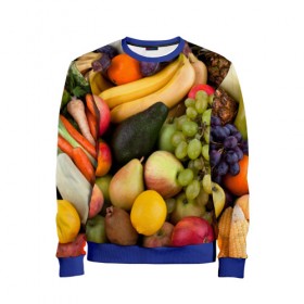 Детский свитшот 3D с принтом Спелые фрукты в Кировске, 100% полиэстер | свободная посадка, прямой крой, мягкая тканевая резинка на рукавах и понизу свитшота | Тематика изображения на принте: ананас | арбуз | банан | богатый урожай | виноград | горох | груша | еда | капуста | картофель | лук | морковь | овощи | огурец | перец | персик | слива | сочные плоды | томат | фасоль | фрукты | яблоко