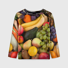 Детский лонгслив 3D с принтом Спелые фрукты в Кировске, 100% полиэстер | длинные рукава, круглый вырез горловины, полуприлегающий силуэт
 | Тематика изображения на принте: ананас | арбуз | банан | богатый урожай | виноград | горох | груша | еда | капуста | картофель | лук | морковь | овощи | огурец | перец | персик | слива | сочные плоды | томат | фасоль | фрукты | яблоко