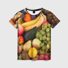 Женская футболка 3D с принтом Спелые фрукты в Кировске, 100% полиэфир ( синтетическое хлопкоподобное полотно) | прямой крой, круглый вырез горловины, длина до линии бедер | ананас | арбуз | банан | богатый урожай | виноград | горох | груша | еда | капуста | картофель | лук | морковь | овощи | огурец | перец | персик | слива | сочные плоды | томат | фасоль | фрукты | яблоко