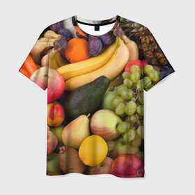 Мужская футболка 3D с принтом Спелые фрукты в Кировске, 100% полиэфир | прямой крой, круглый вырез горловины, длина до линии бедер | Тематика изображения на принте: ананас | арбуз | банан | богатый урожай | виноград | горох | груша | еда | капуста | картофель | лук | морковь | овощи | огурец | перец | персик | слива | сочные плоды | томат | фасоль | фрукты | яблоко