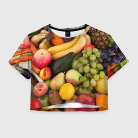Женская футболка 3D укороченная с принтом Спелые фрукты в Кировске, 100% полиэстер | круглая горловина, длина футболки до линии талии, рукава с отворотами | Тематика изображения на принте: ананас | арбуз | банан | богатый урожай | виноград | горох | груша | еда | капуста | картофель | лук | морковь | овощи | огурец | перец | персик | слива | сочные плоды | томат | фасоль | фрукты | яблоко