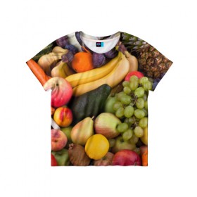 Детская футболка 3D с принтом Спелые фрукты в Кировске, 100% гипоаллергенный полиэфир | прямой крой, круглый вырез горловины, длина до линии бедер, чуть спущенное плечо, ткань немного тянется | Тематика изображения на принте: ананас | арбуз | банан | богатый урожай | виноград | горох | груша | еда | капуста | картофель | лук | морковь | овощи | огурец | перец | персик | слива | сочные плоды | томат | фасоль | фрукты | яблоко