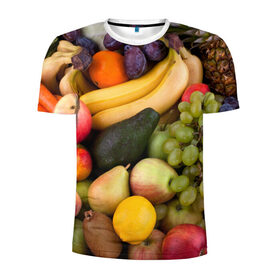 Мужская футболка 3D спортивная с принтом Спелые фрукты в Кировске, 100% полиэстер с улучшенными характеристиками | приталенный силуэт, круглая горловина, широкие плечи, сужается к линии бедра | Тематика изображения на принте: ананас | арбуз | банан | богатый урожай | виноград | горох | груша | еда | капуста | картофель | лук | морковь | овощи | огурец | перец | персик | слива | сочные плоды | томат | фасоль | фрукты | яблоко