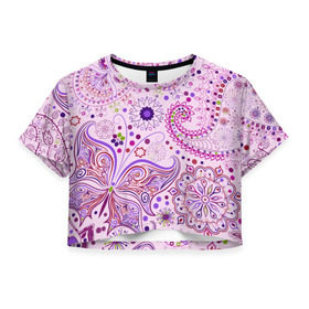 Женская футболка 3D укороченная с принтом Lady Butterfly в Кировске, 100% полиэстер | круглая горловина, длина футболки до линии талии, рукава с отворотами | винтаж | воздушный | индийские | кружева | новинки | узор | цветок | цветочный | этнические