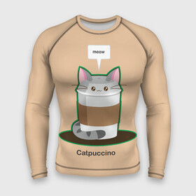 Мужской рашгард 3D с принтом Catpuccino в Кировске,  |  | capuccino | cat | catpuccino | meow | капуччино | кот | котпуччино | кофе | мяу | стакан