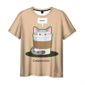 Мужская футболка 3D с принтом Catpuccino в Кировске, 100% полиэфир | прямой крой, круглый вырез горловины, длина до линии бедер | capuccino | cat | catpuccino | meow | капуччино | кот | котпуччино | кофе | мяу | стакан